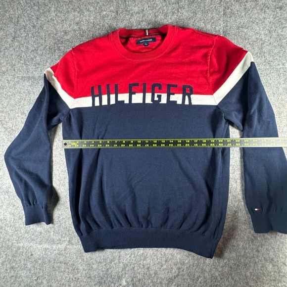 Tommy Hilfiger Mens Crew Neck Sweater Red Navy White Color Block Logo XL - Picture 3 of 9
